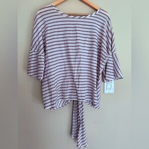 Express White and Mauve Striped Blouse with Tie Back